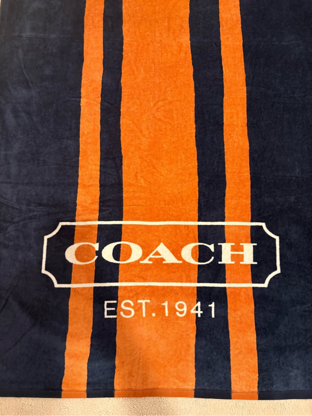 Coach Est. 1941 Navy Orange Stripe Beach Towel with logo. NWT
